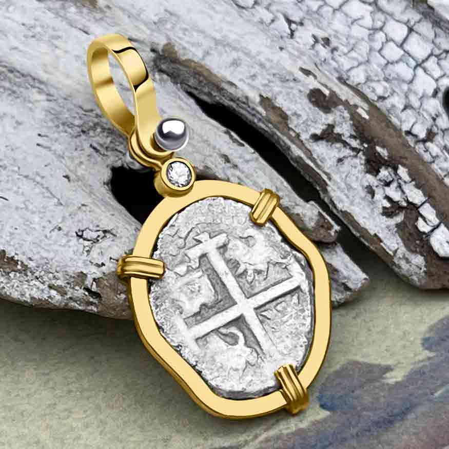 1738 Rimac River "Good Luck" Spanish 1/2 Reale "Piece of 8" 14K Gold Pendant with White Sapphire