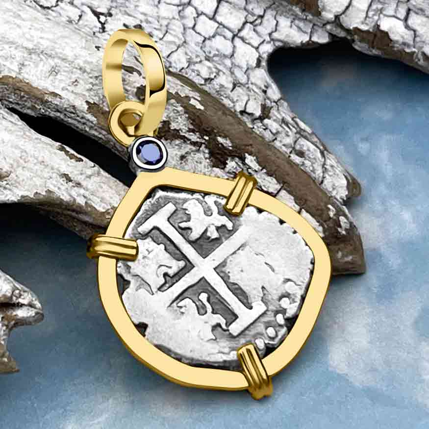 1720s Rimac River "Good Luck" Spanish 1/2 Reale "Piece of 8" 14K Gold Pendant with Blue Sapphire