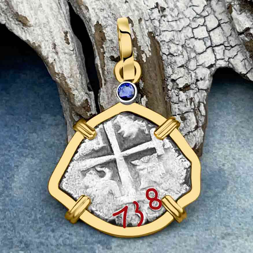 RARE Double Dated 1738 Rimac River "Good Luck" Spanish 1/2 Reale "Piece of 8" 14K Gold Pendant with Blue Sapphire