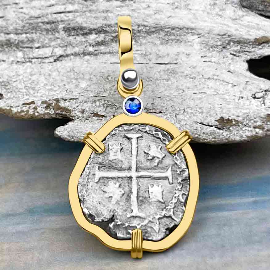 Circa 1598 Rimac River "Good Luck" Spanish 1/2 Reale "Piece of 8" 14K Gold Pendant with Blue Sapphire