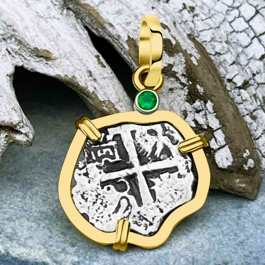1740 Rimac River "Good Luck" Spanish 1/2 Reale "Piece of 8" 14K Gold Pendant with Emerald