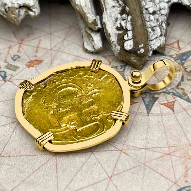 RARE Dated 1612 Pirate Era 22K Gold Two Escudo - the Legendary Doubloon - 18K Gold Pendant
