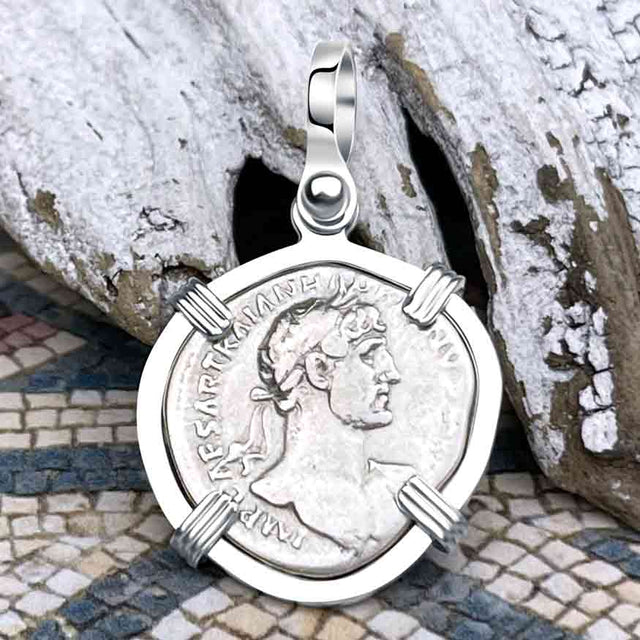 Roman Empire Silver Denarius Coin of Hadrian, the Builder 118 AD Sterling Silver Pendant