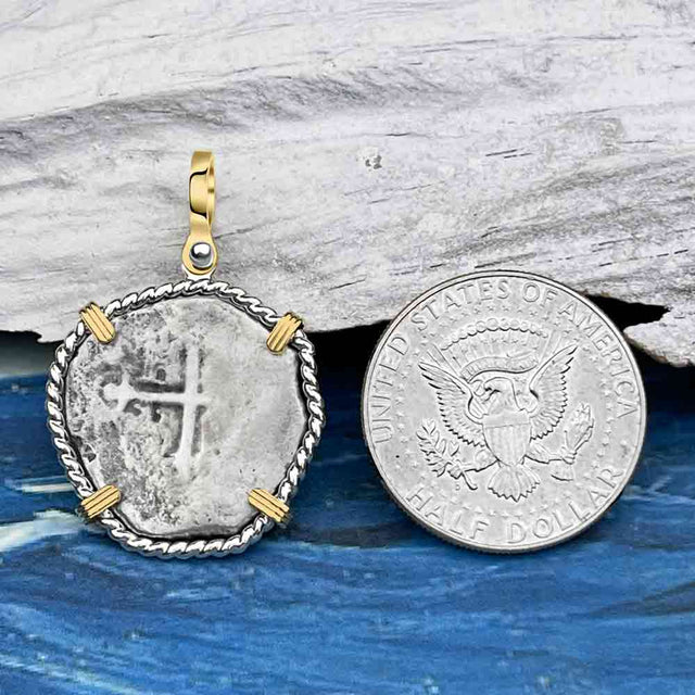 Joanna Shipwreck 4 Reale Cob "Piece of 8" Coin 14K Gold and Sterling Silver Pendant