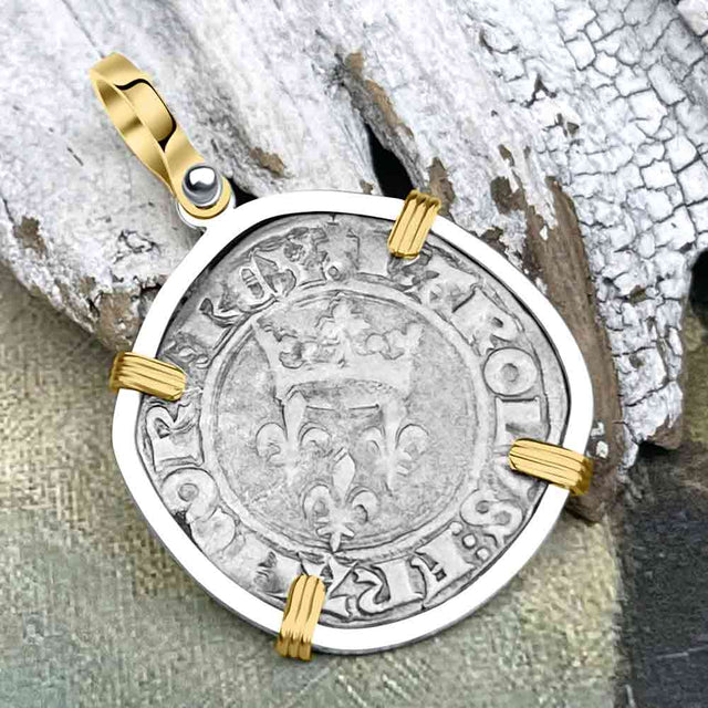 Medieval France circa 1417 Gros Florette Silver Cross Coin 14K Gold & Sterling Silver Pendant