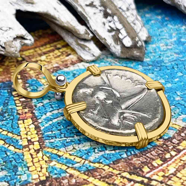 Ancient Greek Boy on the Dolphin Silver Nomos 344-235 BC Zero-Die Pendant in 14K Gold