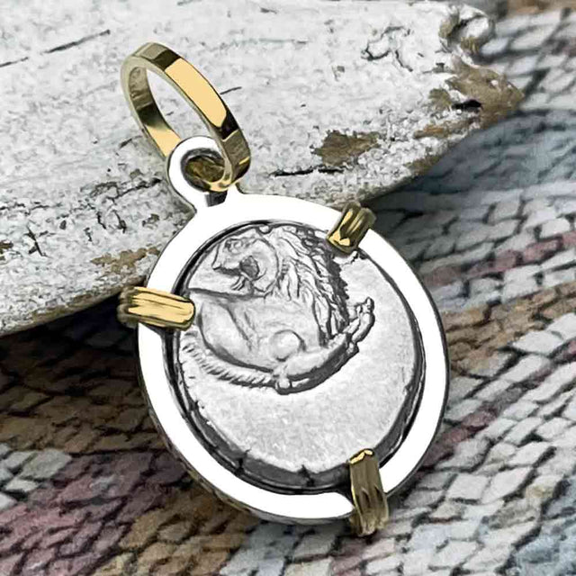 Ancient Greek Lion Hemidrachm 400 BC 14K Gold and Sterling Silver Pendant