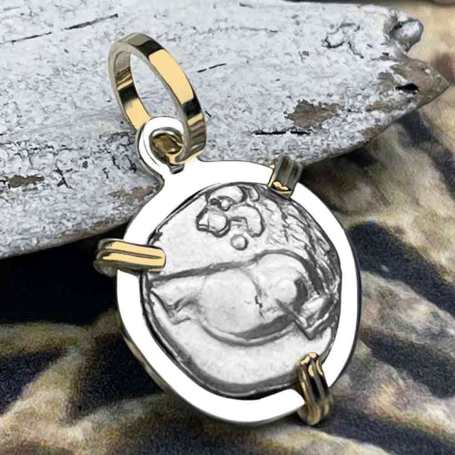 Ancient Greek Lion Hemidrachm 400 BC 14K Gold and Sterling Silver Pendant