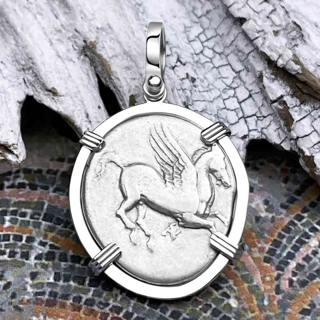 Ancient Greek Pegasus and Athena Silver Stater circa 350 – 240 BC 14K White Gold Pendant