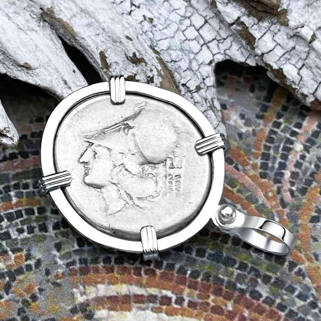 Ancient Greek Pegasus and Athena Silver Stater circa 350 – 240 BC 14K White Gold Pendant