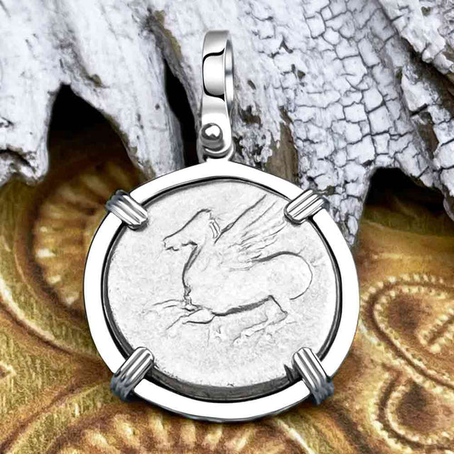 Ancient Greek Pegasus and Athena Silver Stater circa 350 – 240 BC 14K White Gold Pendant