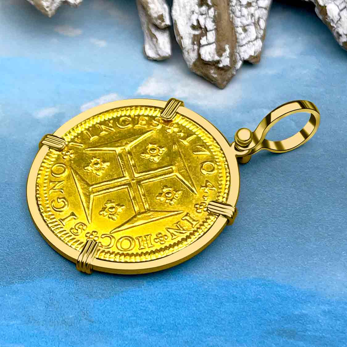 EXTREMELY RARE 1704 Portuguese 22K Gold 4000 Reis &quot;In This Sign Conquer&quot; Crusaders&#39; Cross 18K Gold Coin Pendant
