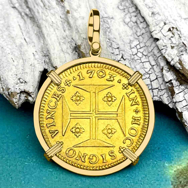 EXTREMELY RARE 1703 Portuguese 22K Gold 4000 Reis "In This Sign Conquer" Crusaders' Cross 18K Gold Coin Pendant