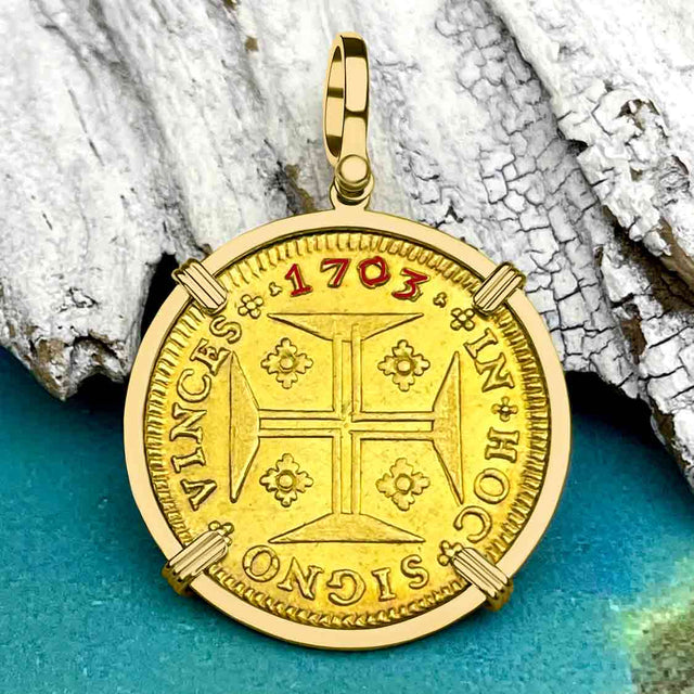 EXTREMELY RARE 1703 Portuguese 22K Gold 4000 Reis "In This Sign Conquer" Crusaders' Cross 18K Gold Coin Pendant