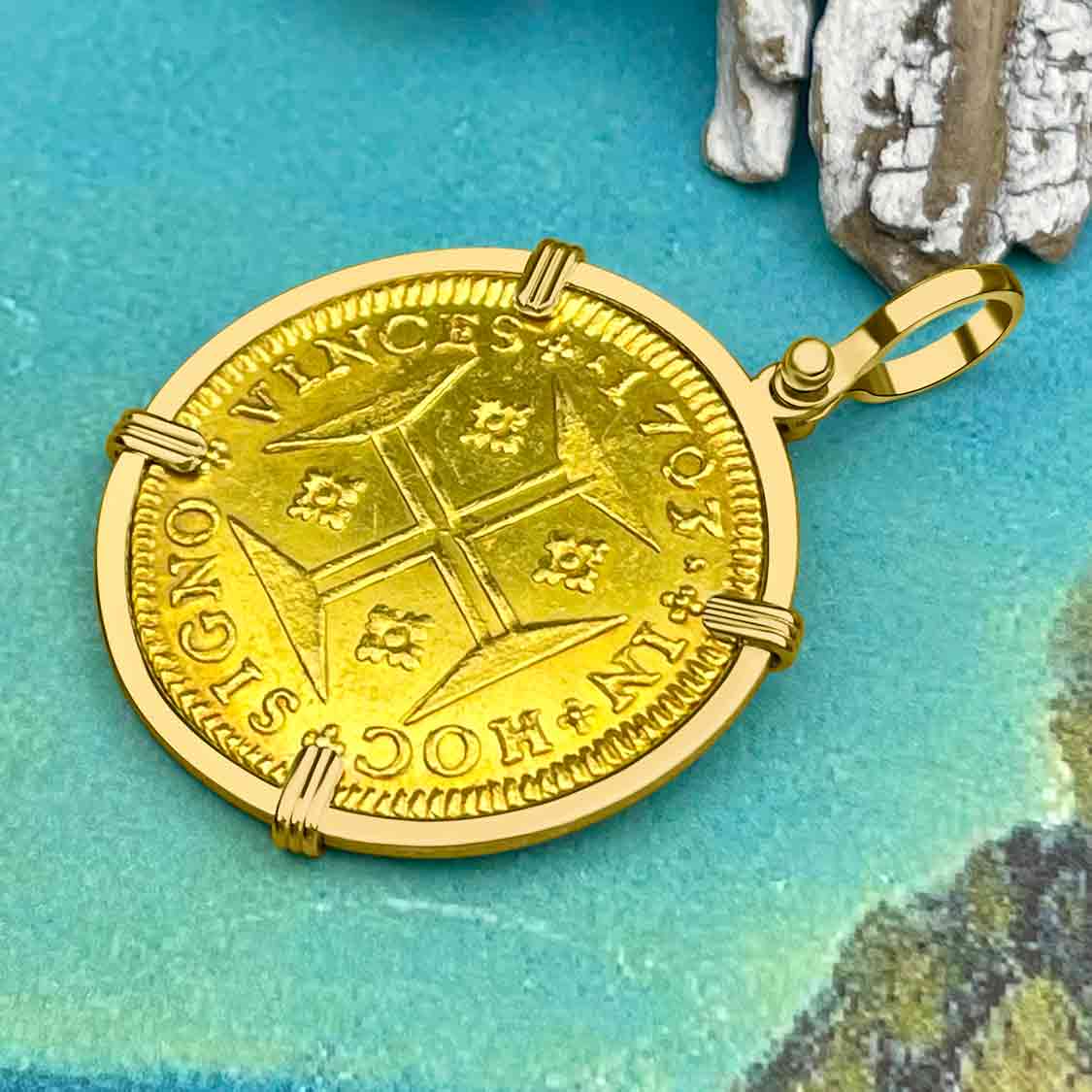 EXTREMELY RARE 1703 Portuguese 22K Gold 4000 Reis &quot;In This Sign Conquer&quot; Crusaders&#39; Cross 18K Gold Coin Pendant