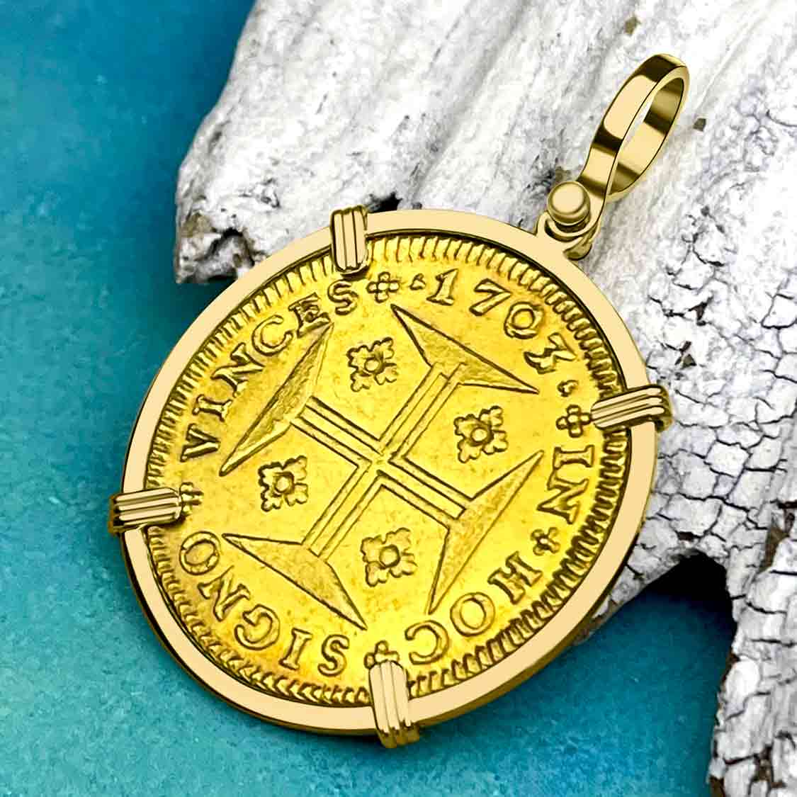 EXTREMELY RARE 1703 Portuguese 22K Gold 4000 Reis &quot;In This Sign Conquer&quot; Crusaders&#39; Cross 18K Gold Coin Pendant
