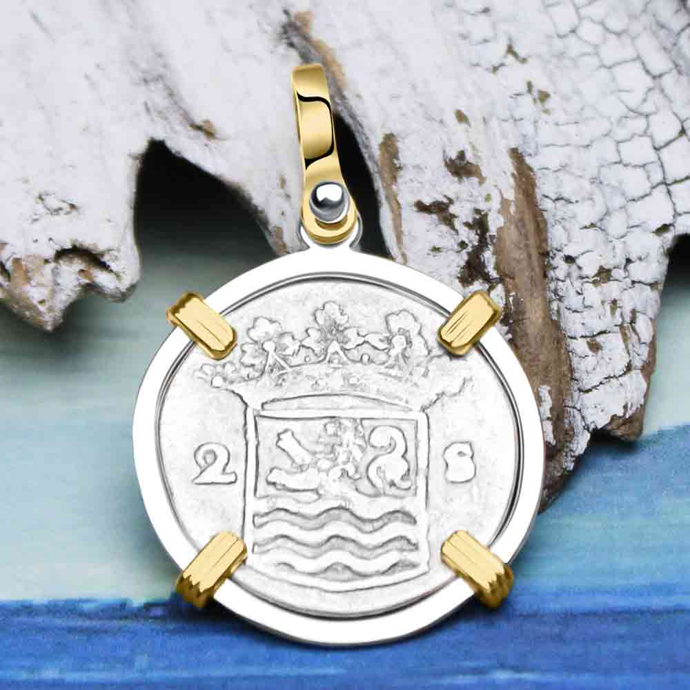 VOC - Dutch East India Company 1735 Silver 2 Stuiver Lion Coin 14K Gold and Sterling Silver Pendant