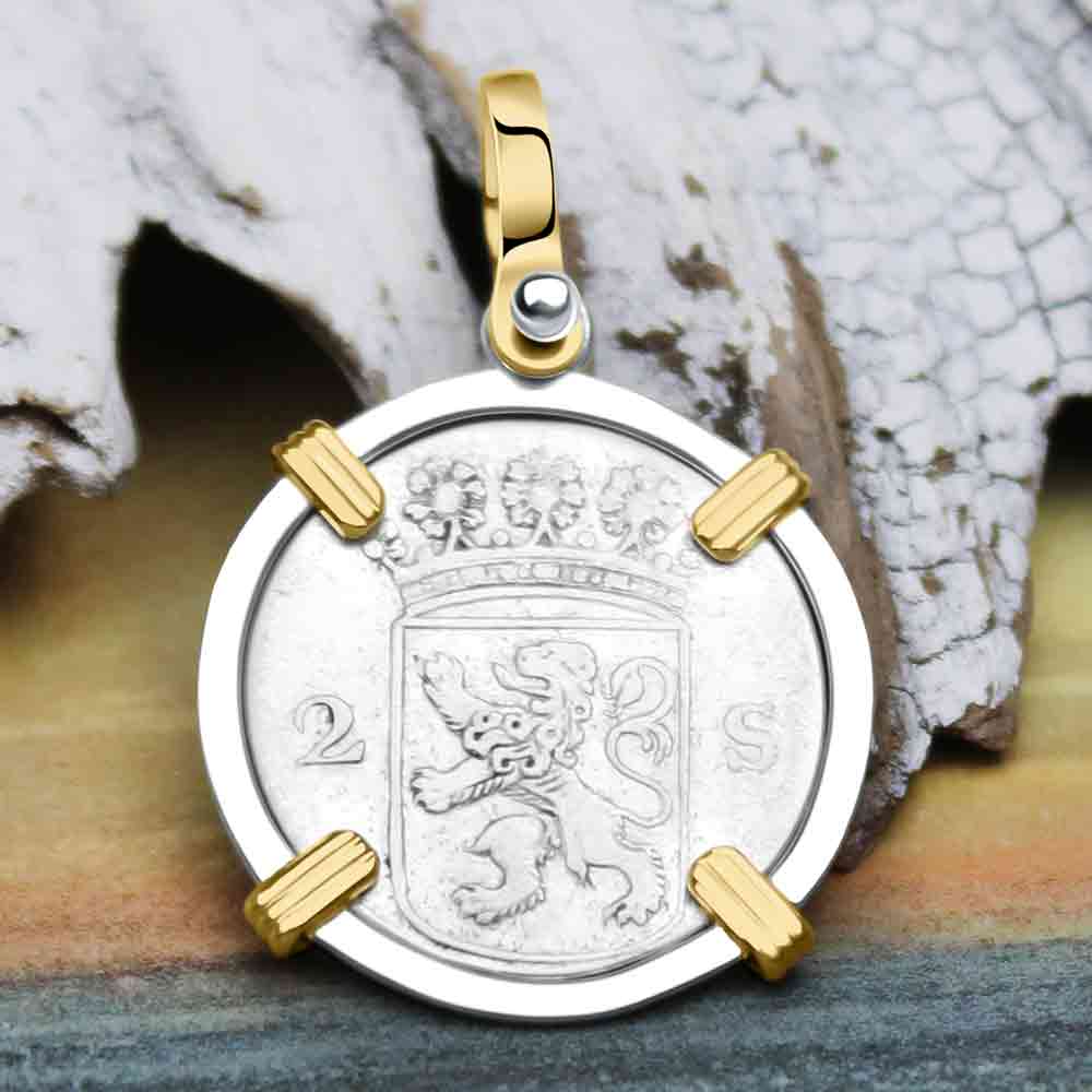 VOC - Dutch East India Company 1765 Silver 2 Stuiver Lion Coin 14K Gold and Sterling Silver Pendant | Artifact #9871
