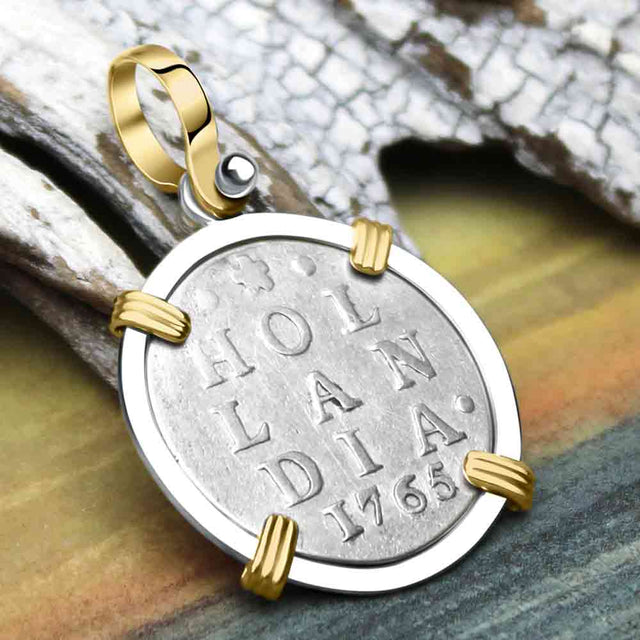 VOC - Dutch East India Company 1765 Silver 2 Stuiver Lion Coin 14K Gold and Sterling Silver Pendant | Artifact #9871
