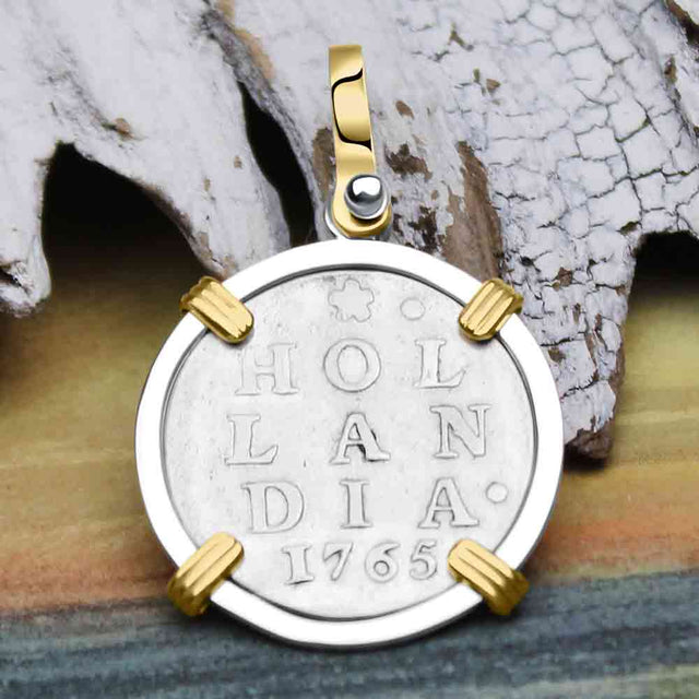 VOC - Dutch East India Company 1765 Silver 2 Stuiver Lion Coin 14K Gold and Sterling Silver Pendant | Artifact #9871