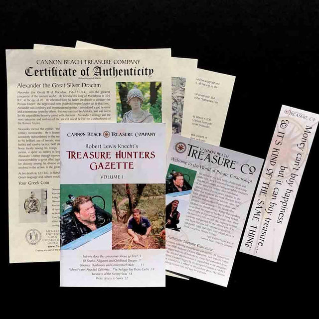 A sample Documenation Package of the "Certificate of Authenticity," and other research documents that come with each treasure coin sold by Cannon Beach Treasure Company.