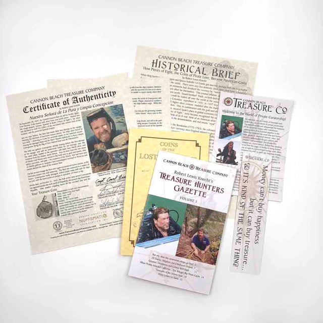 Cannon Beach Treasure Company documentation package including certificate of authenticity on white background