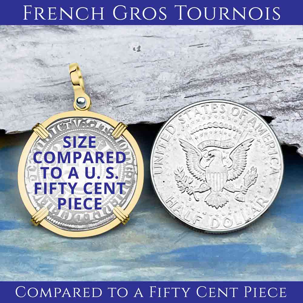 Templar Knights Era Medieval France Silver Gros Tournois circa 1290 Crusader Cross Coin 14K White Gold Pendant | Artifact #8215