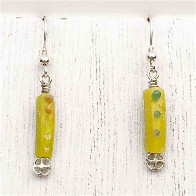 Ancient Roman Glass Bracelet Fragment Yellow Green and Orange Earrings on Sterling Silver