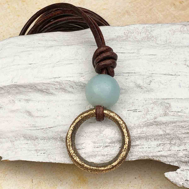 Warm Golden Bronze Celtic Ring Money and Amazonite Leather Necklace