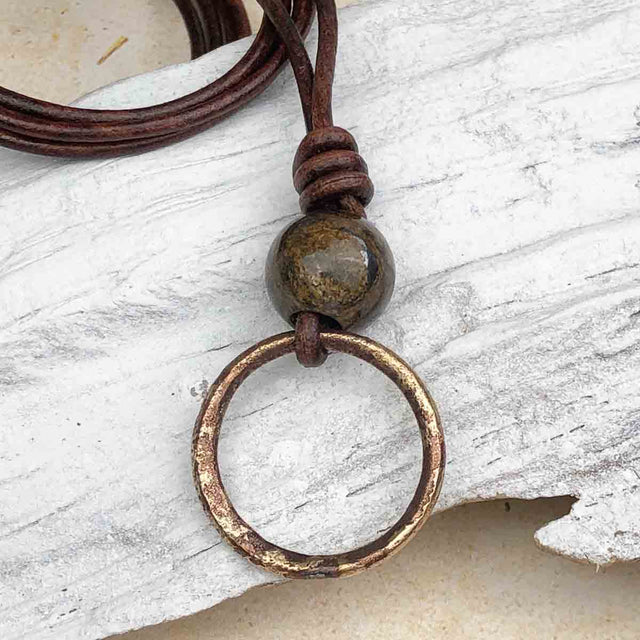 Dark to Light Bronze Celtic Ring Money and Bronzite Leather Necklace