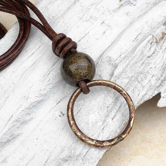 Dark to Light Bronze Celtic Ring Money and Bronzite Leather Necklace