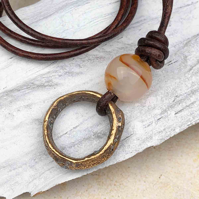 Rare Raised Ridge Golden Bronze and Carnelian Celtic Ring Money Leather Necklace