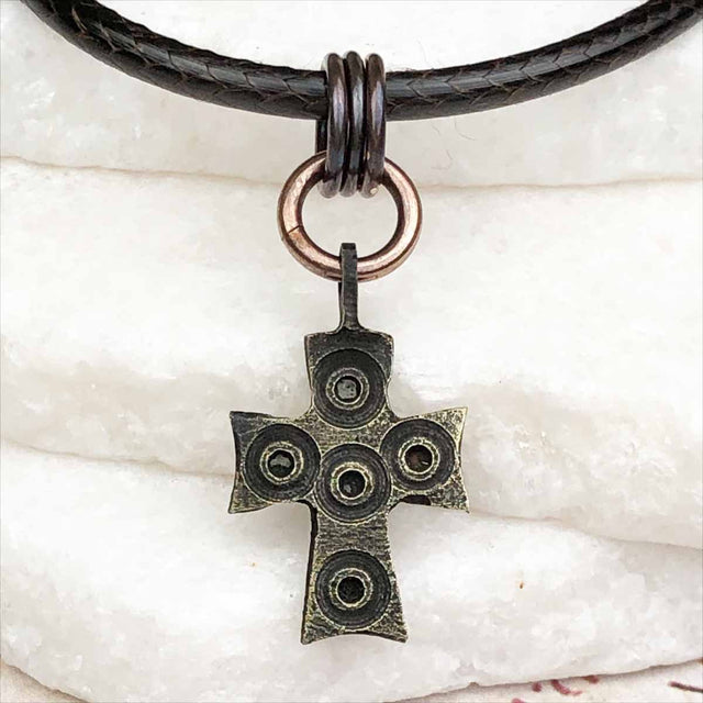 Medieval Byzantine Five Wounds of Christ Bronze Cross Necklace circa 1,000 AD