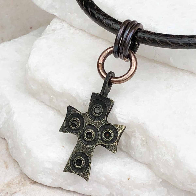 Medieval Byzantine Five Wounds of Christ Bronze Cross Necklace circa 1,000 AD