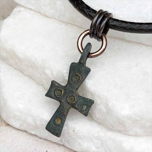 Medieval Byzantine Five Wounds of Christ Bronze Cross Necklace circa 1,000 AD
