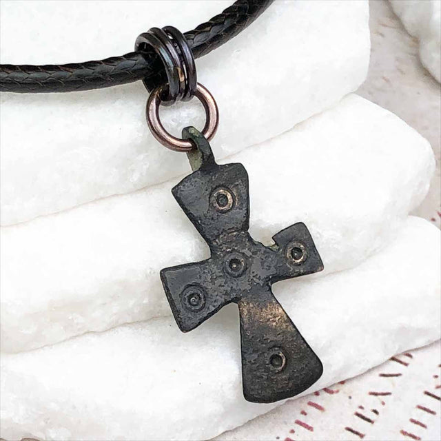 Medieval Byzantine Five Wounds of Christ Bronze Cross Necklace circa 1,000 AD