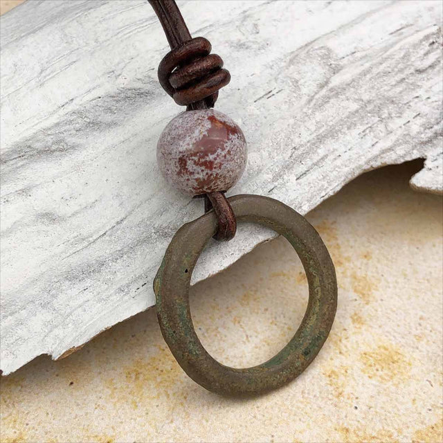 Variegated Green Bronze Celtic Ring Money and Fancy Jasper Leather Necklace