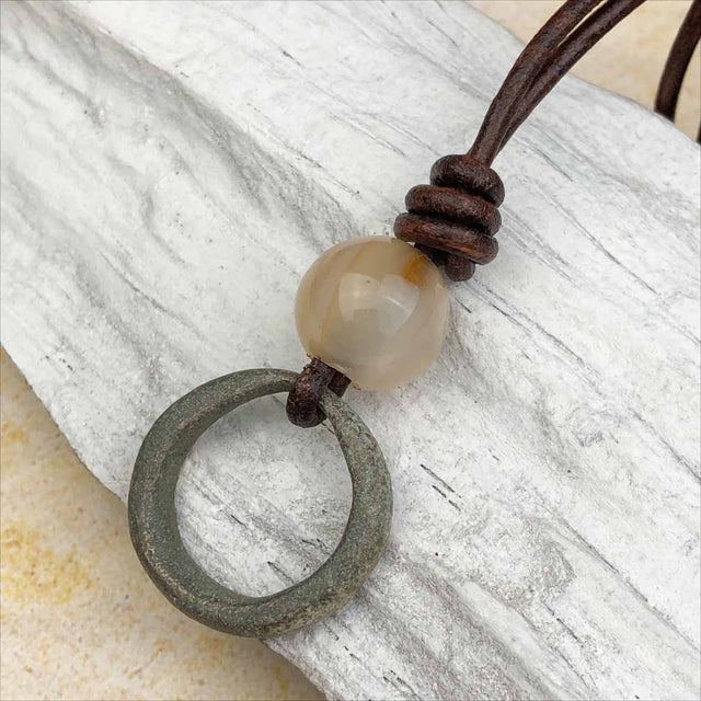 Light Green Bronze Celtic Ring Money and Carnelian Leather Necklace