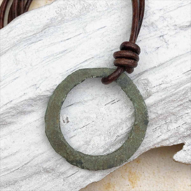 Large Variegated Green Bronze Celtic Ring Money Leather Necklace