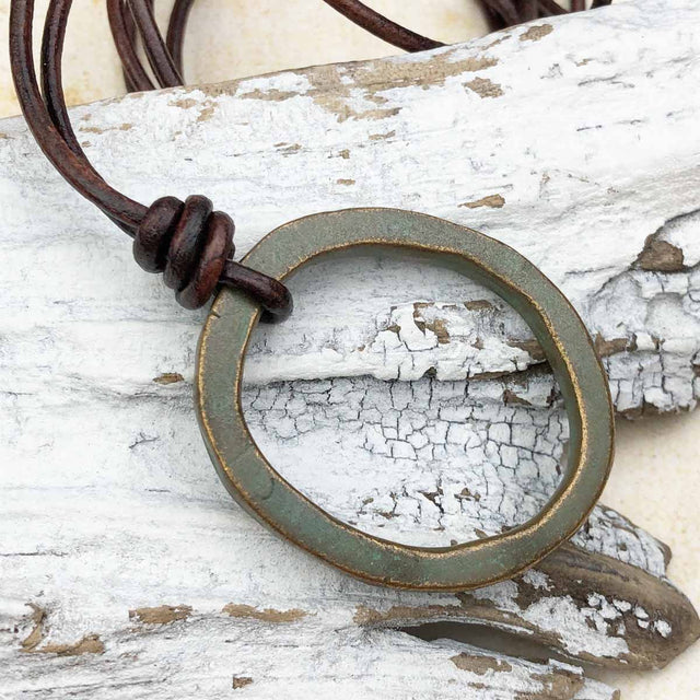 Huge Green Glint Bronze Oval Celtic Ring Money Leather Necklace | Artifact #5713
