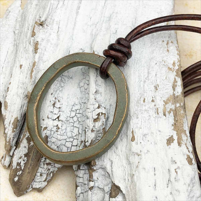 Huge Green Glint Bronze Oval Celtic Ring Money Leather Necklace