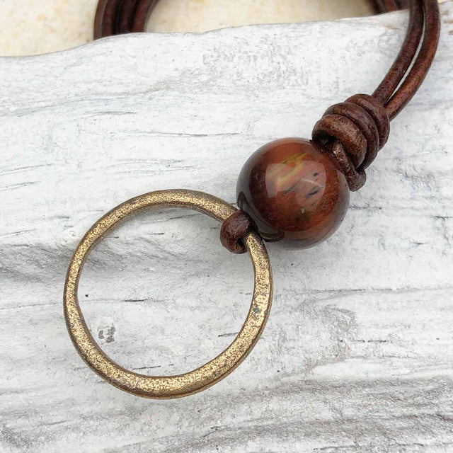 Light Golden Bronze and Red Tiger's Eye Celtic Ring Money Leather Necklace