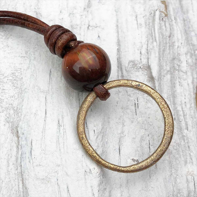 Light Golden Bronze and Red Tiger's Eye Celtic Ring Money Leather Necklace