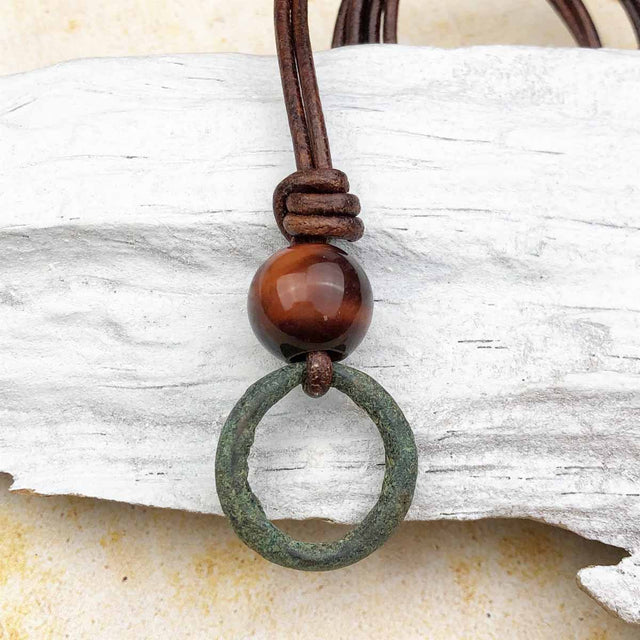 Darkest Green Bronze and Rainbow Jasper Celtic Ring Money Leather Necklace