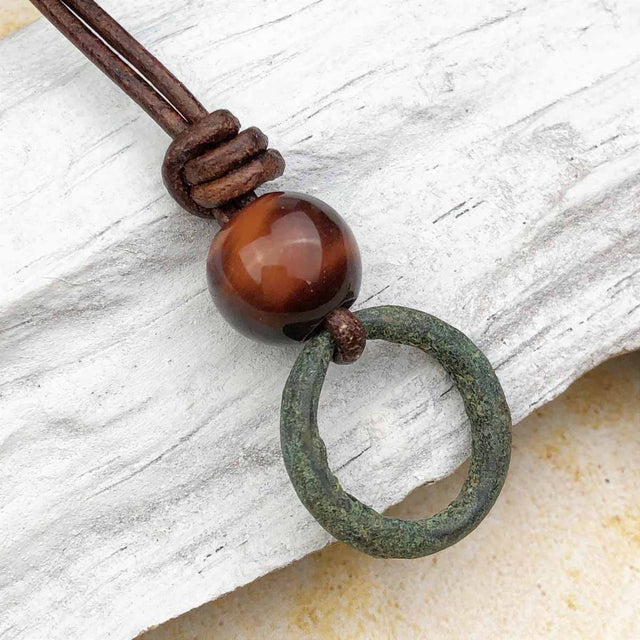 Darkest Green Bronze and Rainbow Jasper Celtic Ring Money Leather Necklace