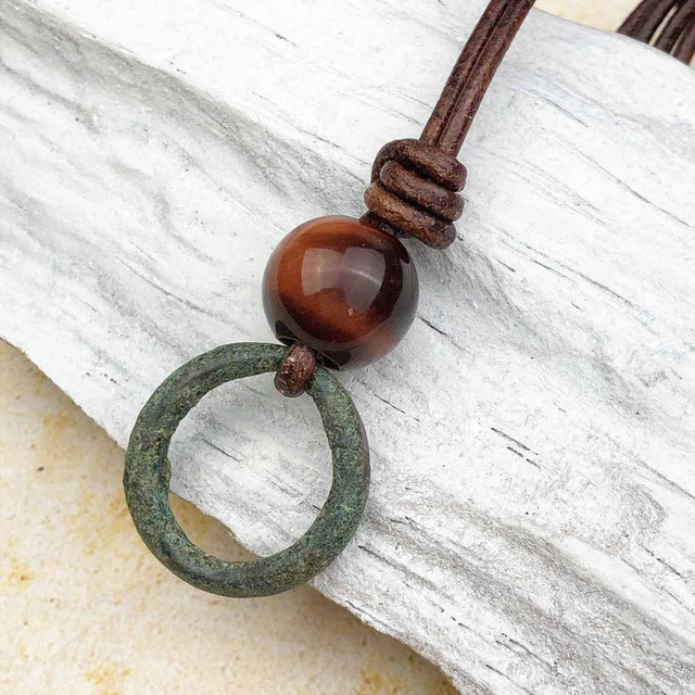 Darkest Green Bronze and Rainbow Jasper Celtic Ring Money Leather Necklace