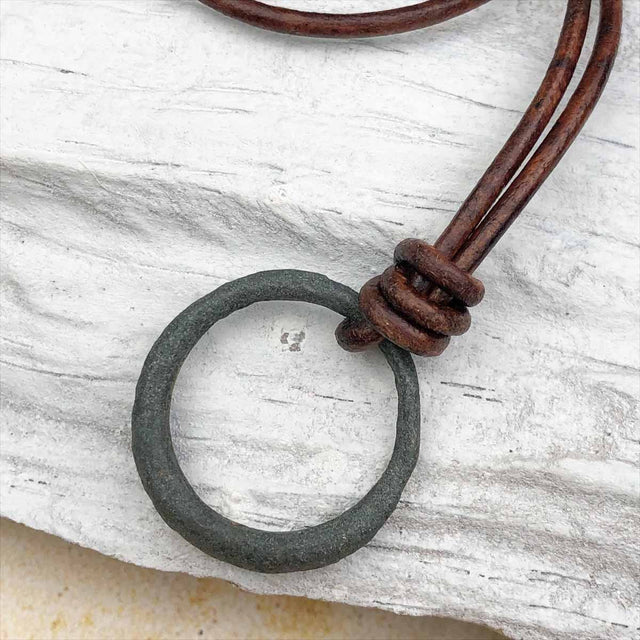 Smooth Deep Green Bronze Celtic Ring Money Leather Necklace