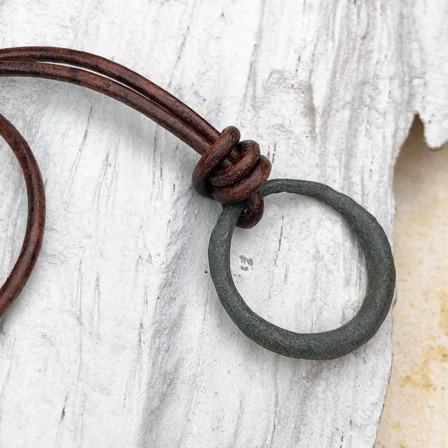 Smooth Deep Green Bronze Celtic Ring Money Leather Necklace