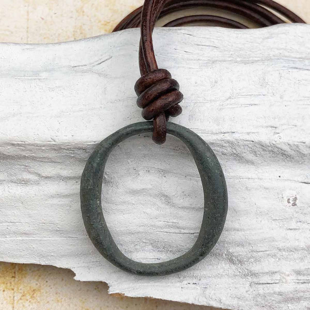 Deepest Green Bronze Oval Celtic Ring Money Leather Necklace