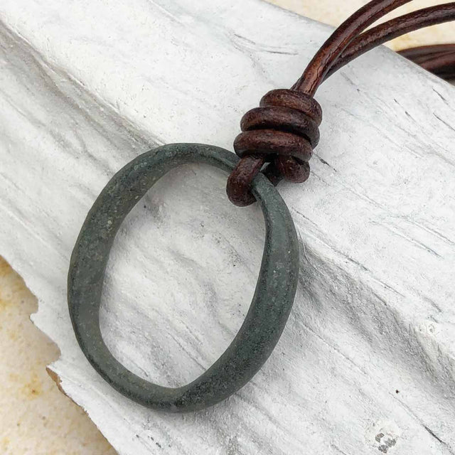 Deepest Green Bronze Oval Celtic Ring Money Leather Necklace